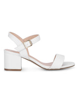 White PU Ankle Strap Low Block Heels