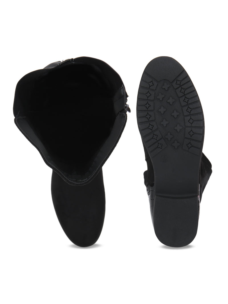 Black Micro Croc Golden Detail Flat Long Boots