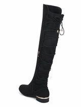 Black Micro Back Lace-up Golden Detail Long Boots