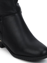 Black PU Back Lace-up Golden Detail Long Boots