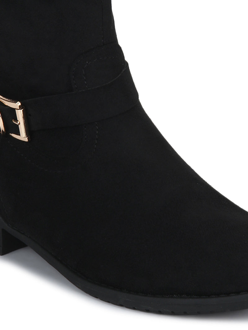 Black Micro Double Shade Buckle Long Boots
