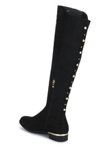 Black Micro Low Heel Golden Detailed Long Boots