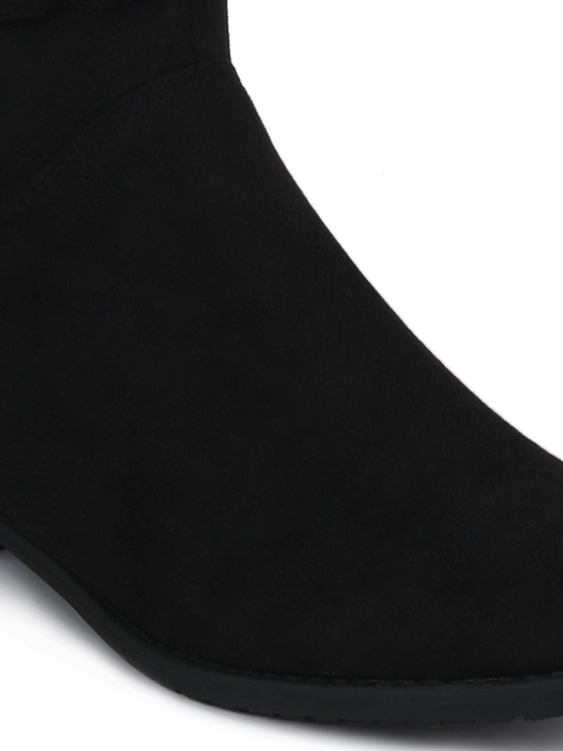 Black Micro Low Heel Golden Detailed Long Boots
