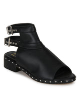 Black PU Studded Double Back Strap Low Heel Sandals