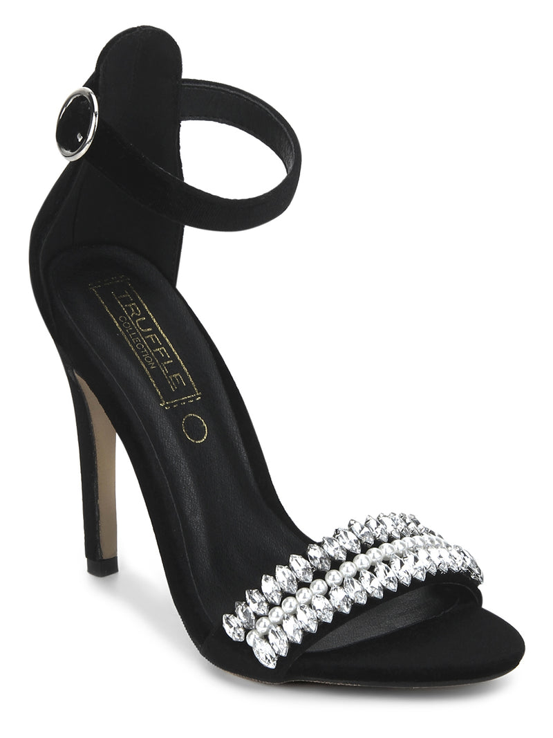 Black Velvet Diamante Ankle Strapped Stiletto Heels