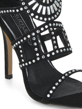 Black Microfibre Diamante Strapped Stiletto Heels