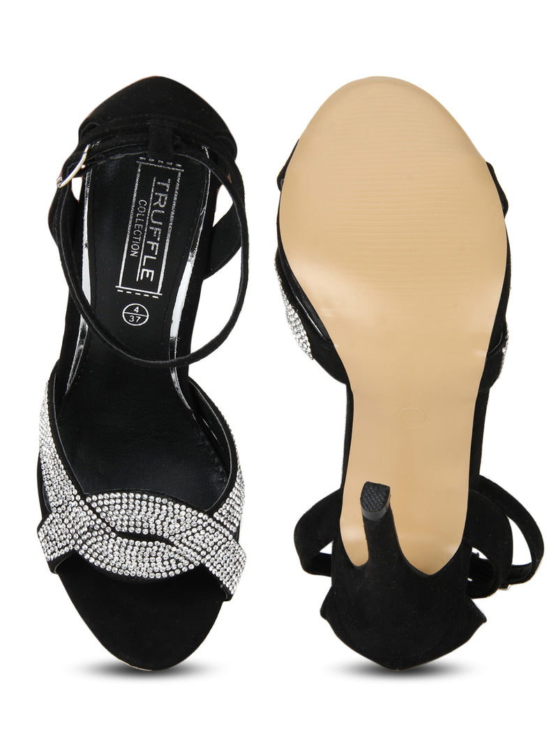 Black Micro Diamante Crossover Ankle Strap Low Stiletto Heels