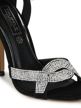 Black Micro Diamante Crossover Ankle Strap Low Stiletto Heels