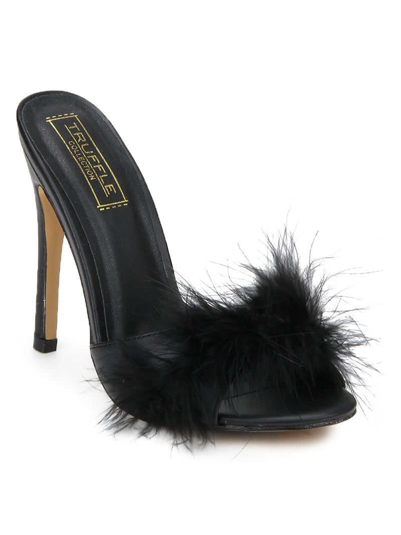 Black Furry Slip-on Stilettos