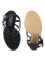 Black PU Stud Detail Ankle Strap Block Heels