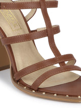 Tan PU Stud Detail Ankle Strap Block Heels