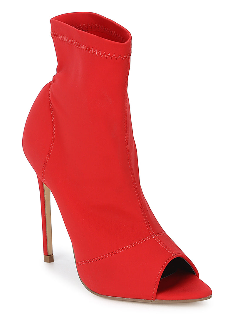 Red Lycra Peep toe Stiletto Ankle Length Boots