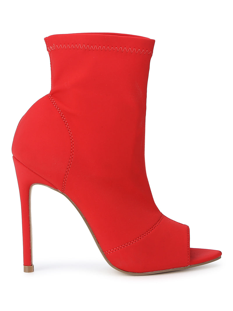 Red Lycra Peep toe Stiletto Ankle Length Boots