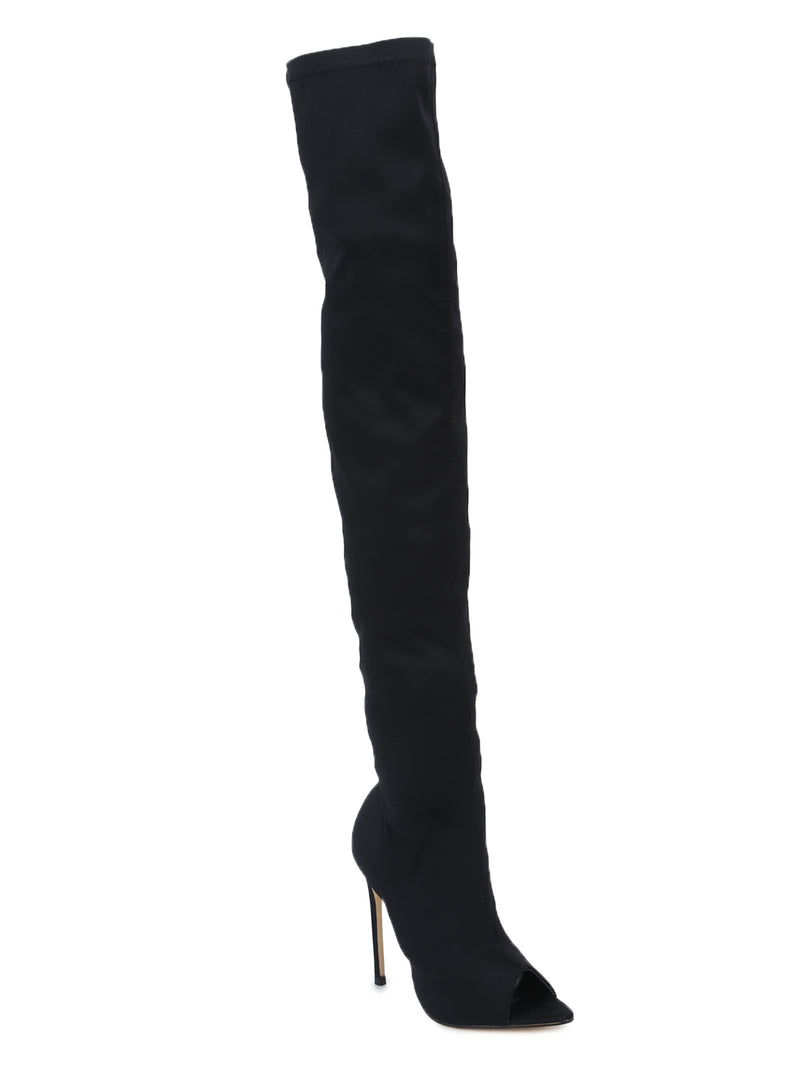 Black Lycra Peep toe Stiletto Long Boots