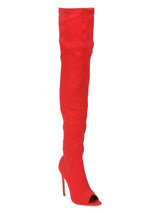 Red Lycra Peep toe Stiletto Long Boots