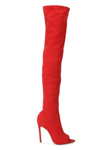 Red Lycra Peep toe Stiletto Long Boots