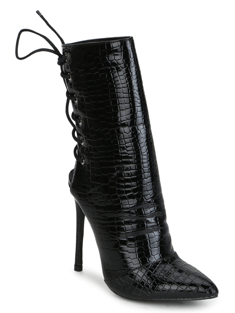 Black PU Pointed Back Lace-up Stiletto Ankle Length Boots