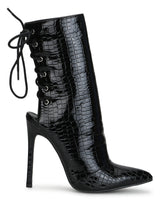 Black PU Pointed Back Lace-up Stiletto Ankle Length Boots