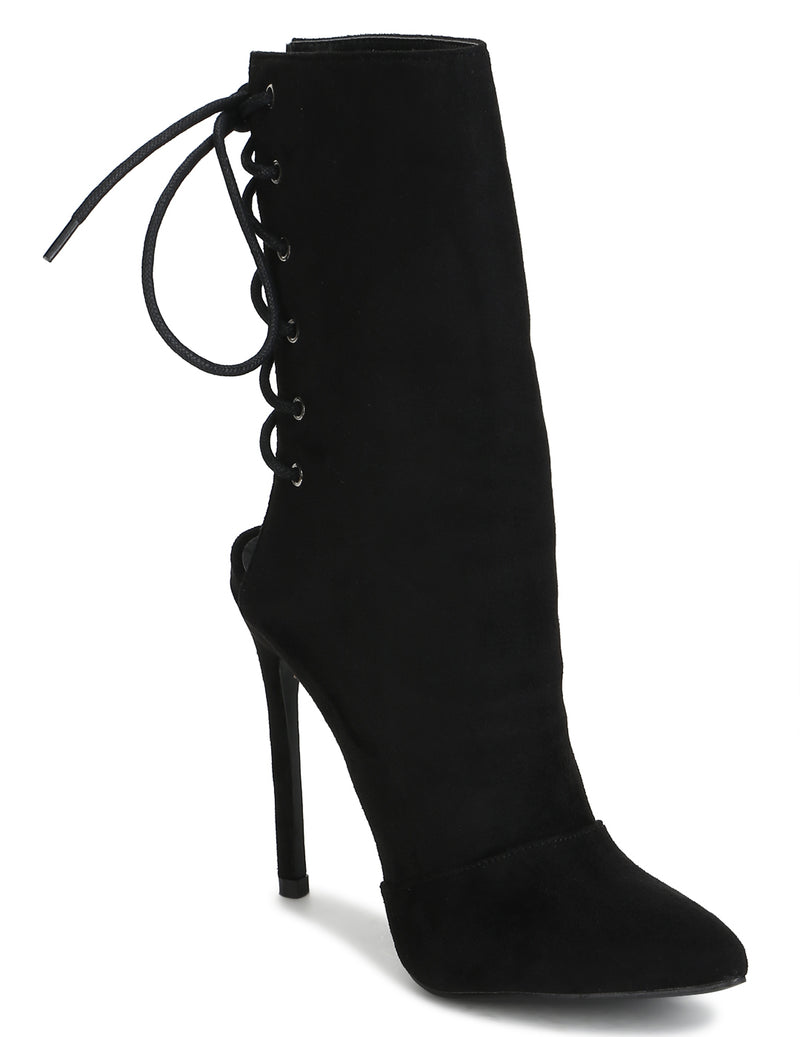 Black Micro Pointed Back Lace-up Stiletto Ankle Length Boots
