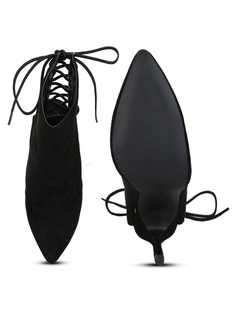 Black Micro Pointed Back Lace-up Stiletto Ankle Length Boots