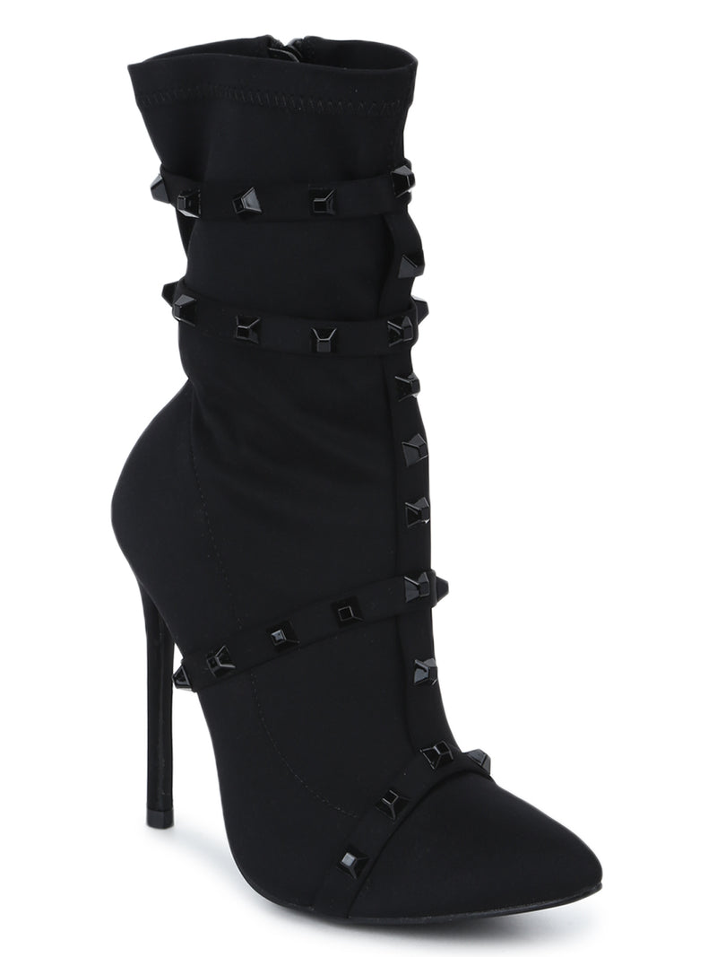 Black Lycra Studded Straps Stiletto Ankle Length Boots