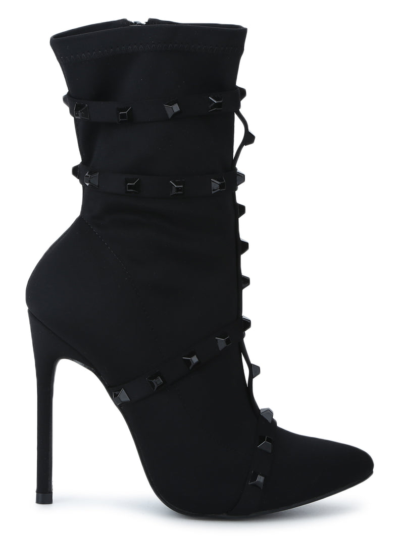 Black Lycra Studded Straps Stiletto Ankle Length Boots