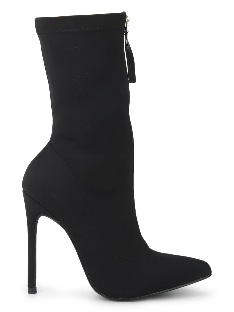 Black Lycra Front Chain Stiletto Ankle Boots