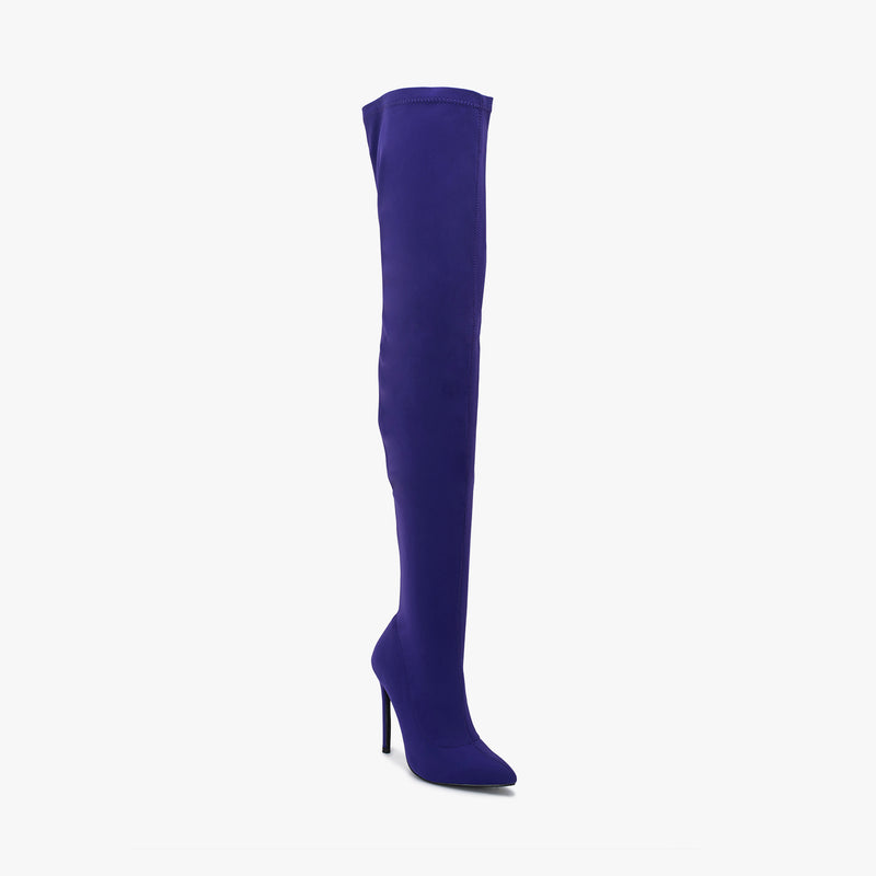 Purple Lycra Pointed Toe Toe Thigh High Boot