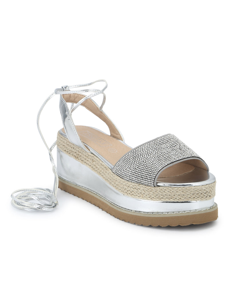 Silver Diamond Lace-Up Wedges