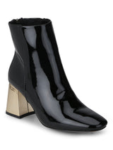 Black Patent Golden Block Heel Back Zipper Ankle Length Boots