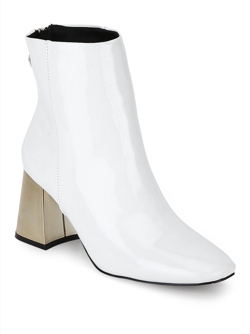 White Patent Golden Block Heel Back Zipper Ankle Length Boots