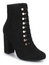 Black Micro Lace-Up Block Heels Ankle Boots
