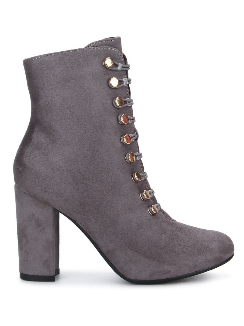 Dove Grey Micro Lace-Up Block Heels Ankle Boots