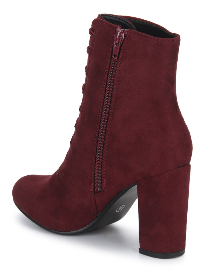 Plum Micro Lace-Up Block Heels Ankle Boots