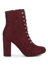 Plum Micro Lace-Up Block Heels Ankle Boots