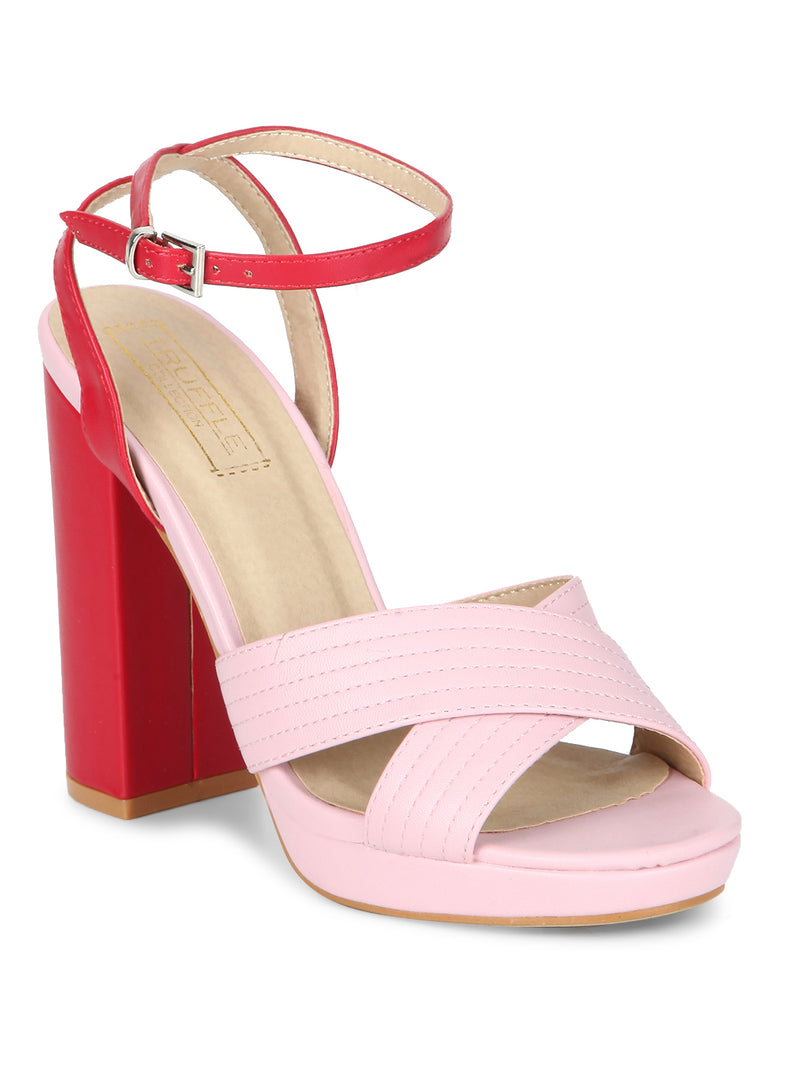 Pink PU Ankle Strap Crossover Block Heels