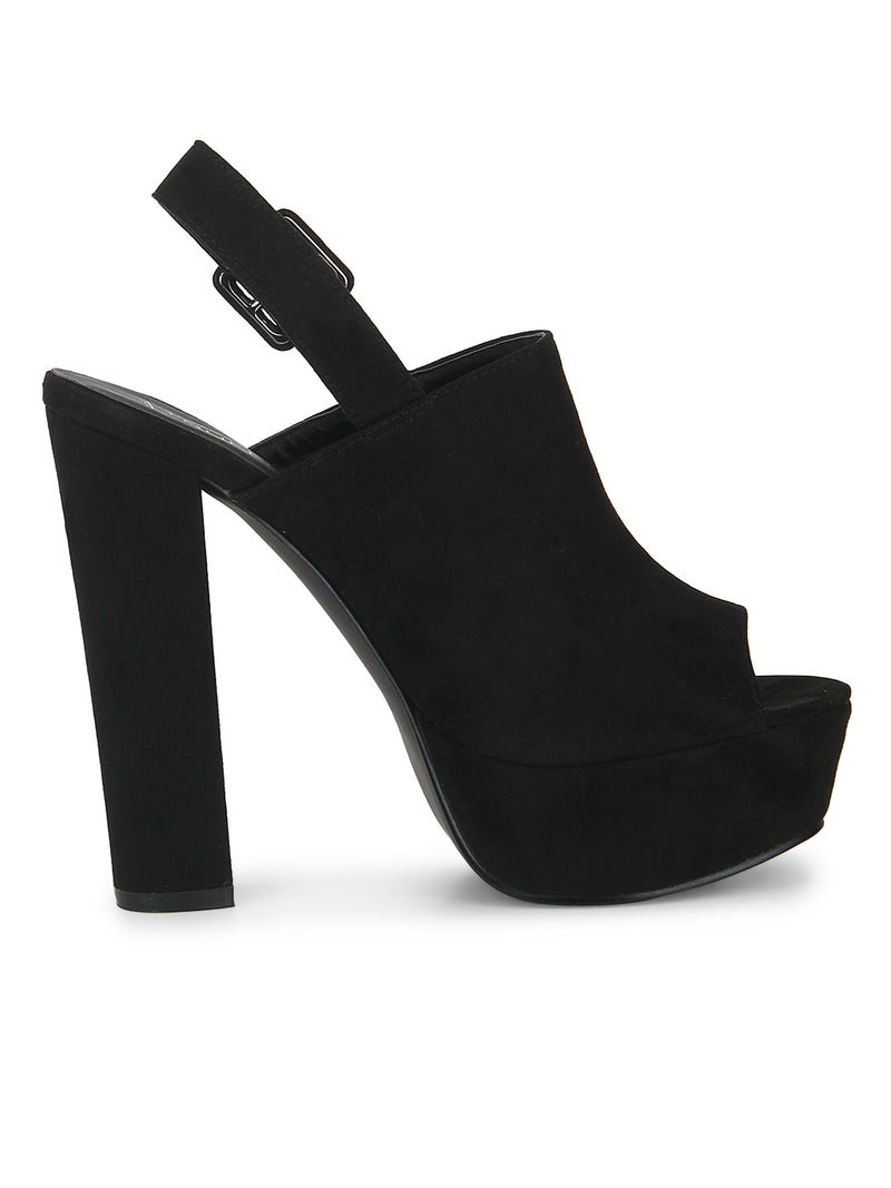 Black Microfibre Peep Toe Pump Block Heels