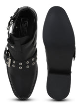 Black PU Rivet Buckle Flat Ankle Boots