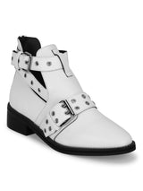 White PU Rivet Buckle Flat Ankle Boots