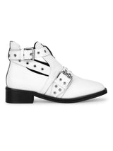 White PU Rivet Buckle Flat Ankle Boots