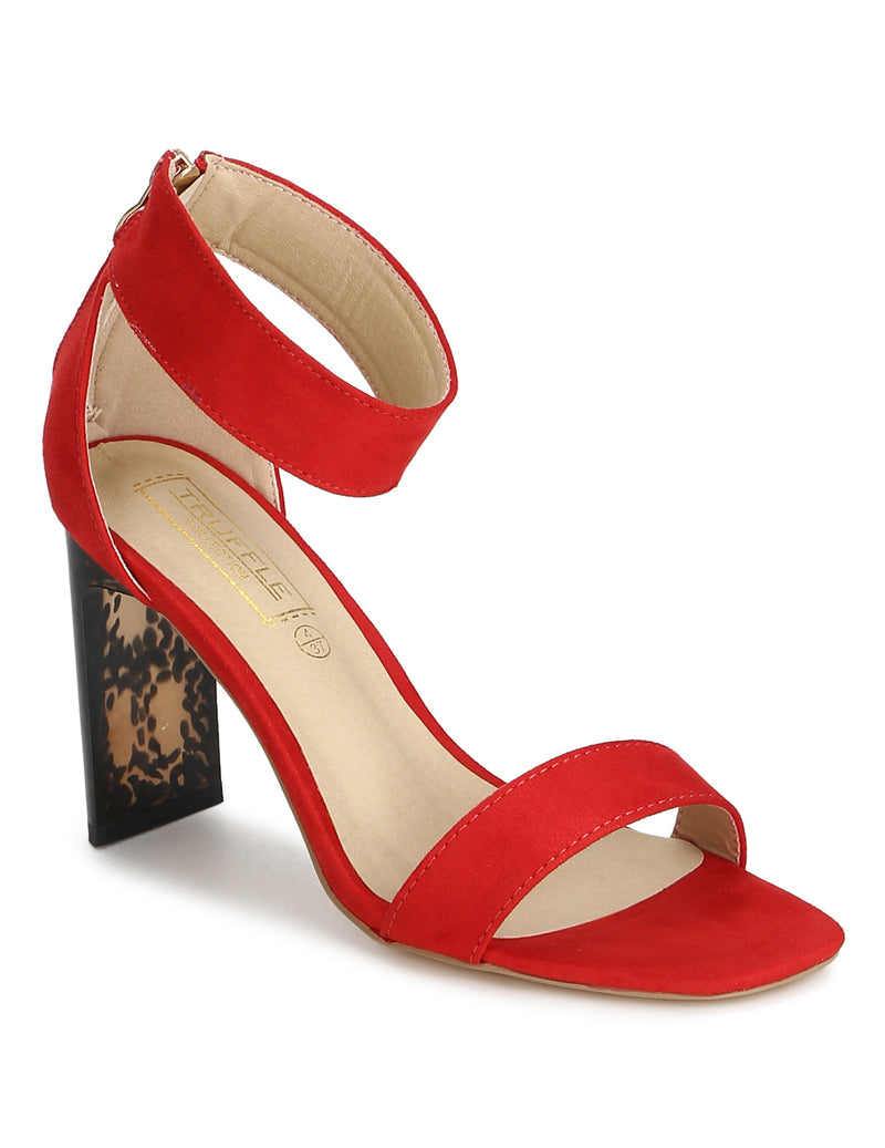 Red Micro Ankle Strap Slim Block Heel