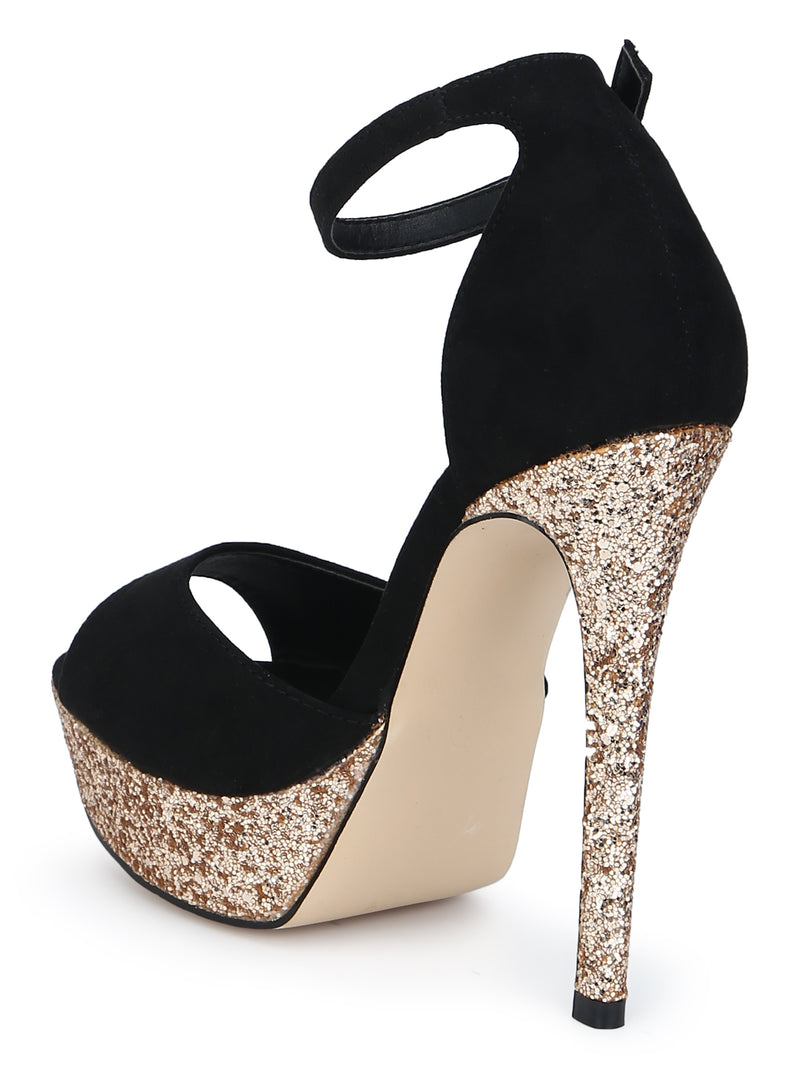 Black Micro Ankle Strap Platform Stilettos