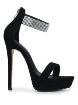 Black Micro Diamante Ankle Strap Platform Stilettos