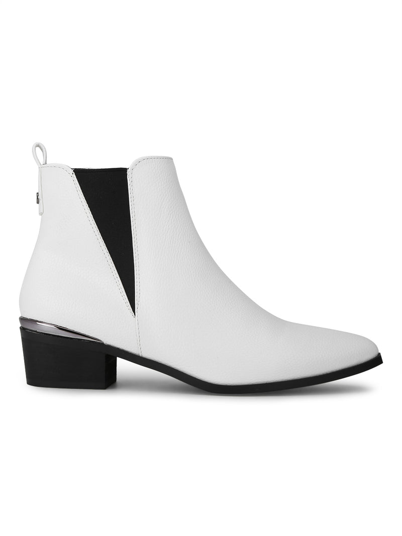 White PU Low Heel Ankle Length Boots