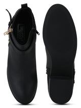 Black PU Side Zipper Buckled Low Block Heel Ankle Length Boots