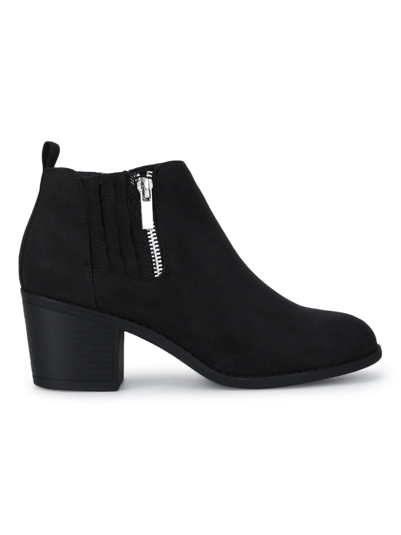 Black Micro Zipper Low Block Heel Ankle Length Boots