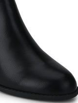 Black PU Zipper Low Block Heel Ankle Length Boots