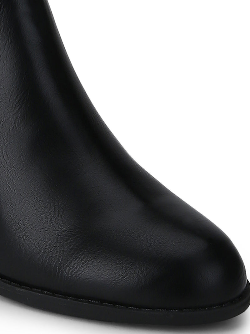 Black PU Zipper Low Block Heel Ankle Length Boots