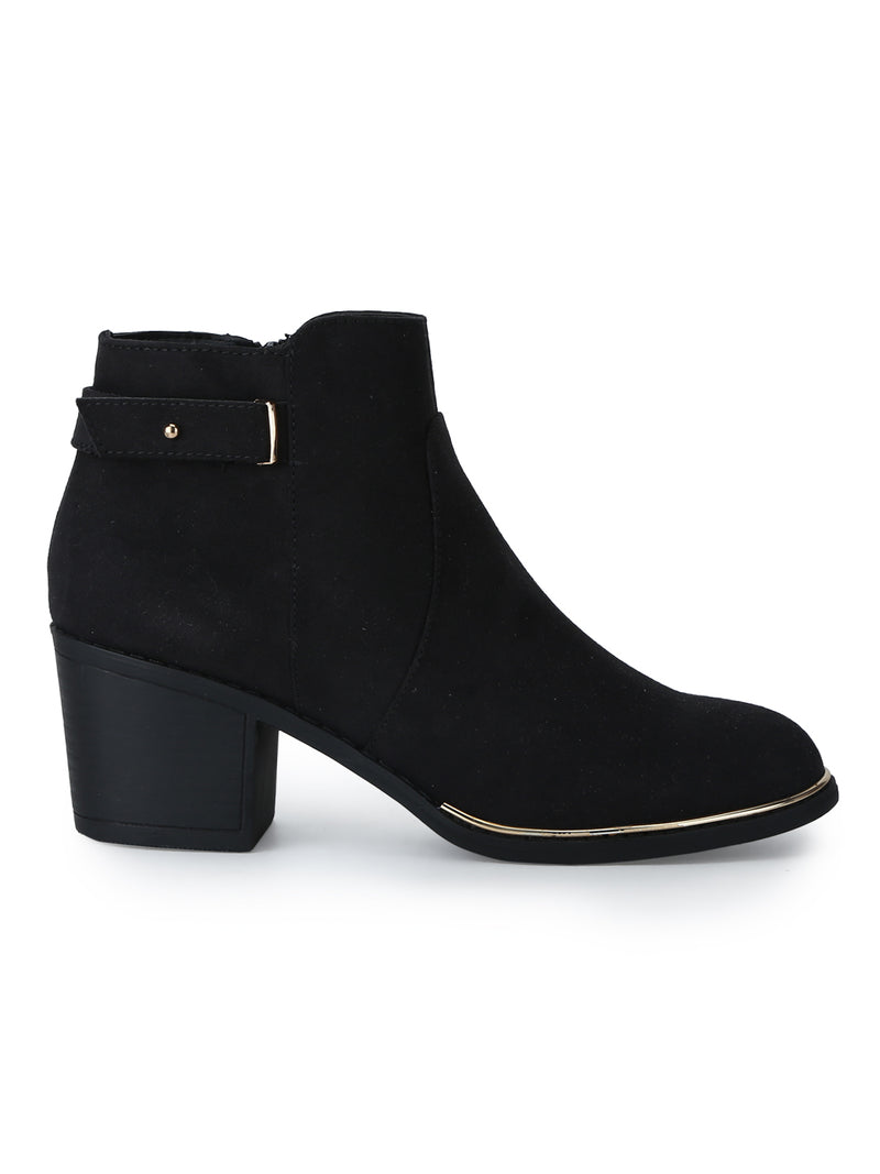 Black Micro Ankle Strap Low Block Heel Ankle Length Boots