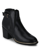 Black PU Ankle Strap Low Block Heel Ankle Length Boots